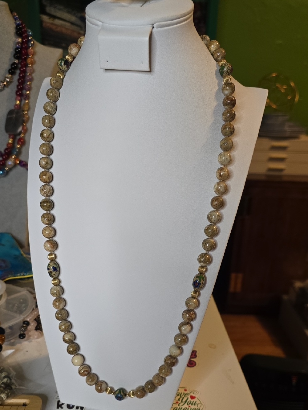Handmade Beaded Necklace - Natural Stone Accent With Cloisone Beads.